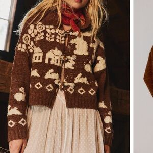 Free People Brown and Cream Farmhouse Toggle Cardigan Sweater